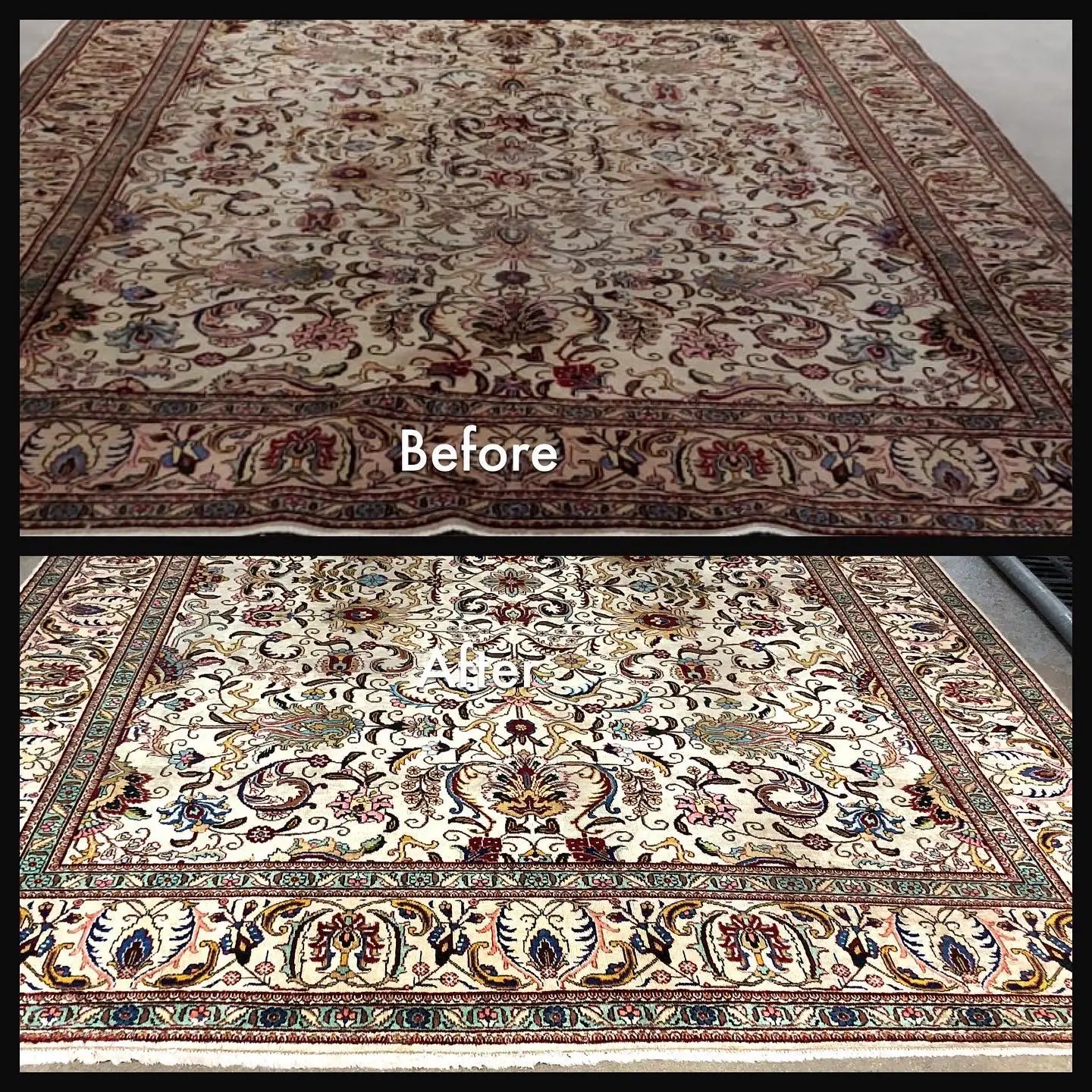Before and after photo showing dramatic area rug cleaning transformation in Dallas