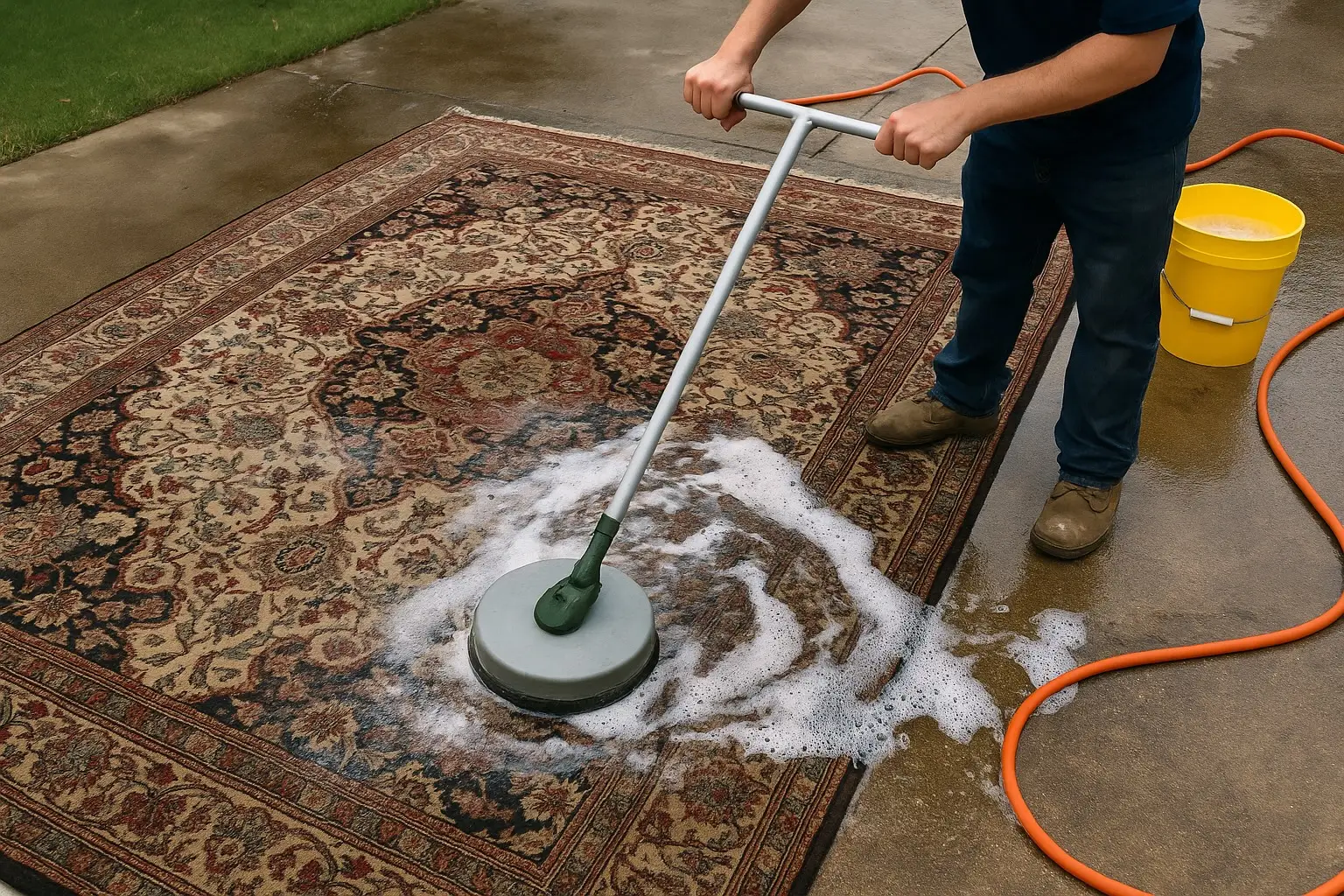 Technician performing Persian rug deep cleaning in Dallas using rotary shampoo and soap